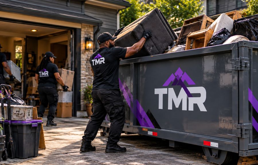 TMR crew carrying furniture and boxes from a garage into a TMR dumpster during a cleanout