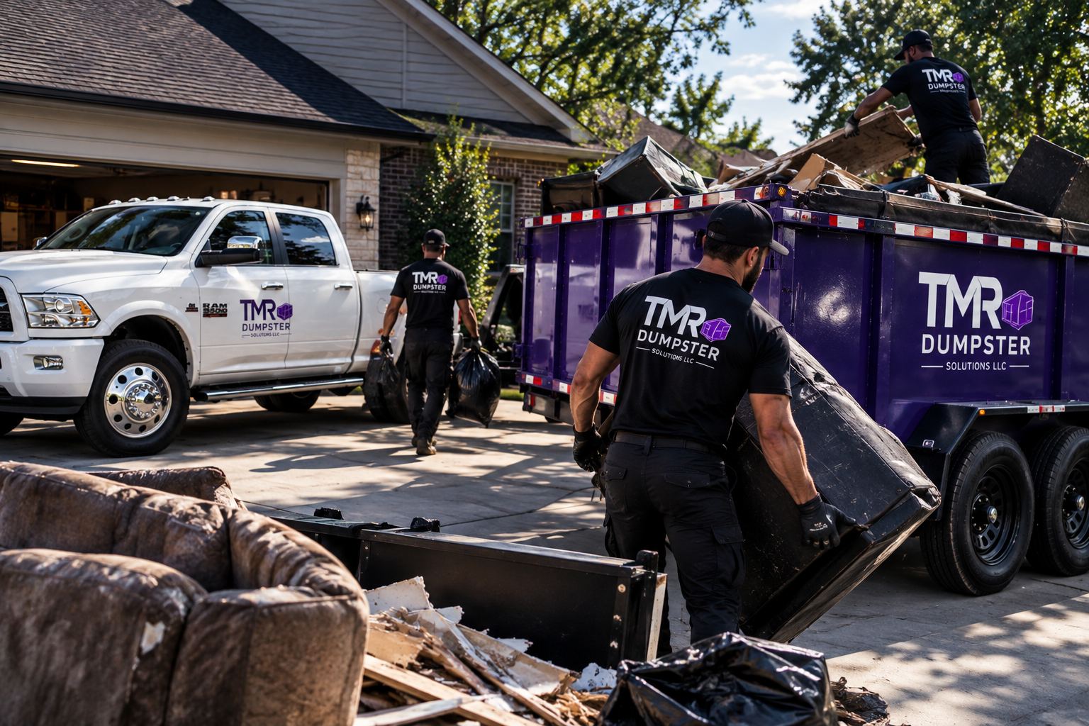 TMR crew loading a dumpster trailer during a residential cleanout